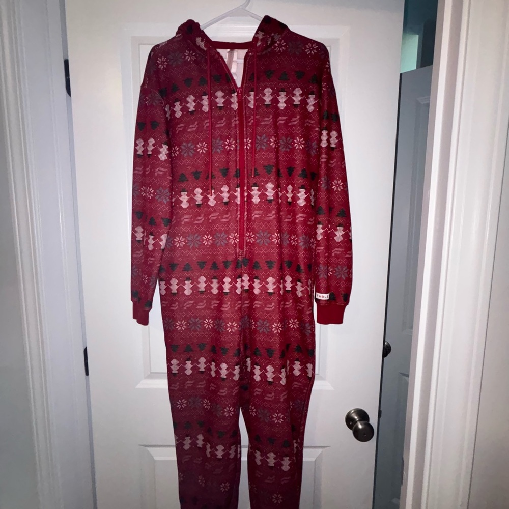 Fabletics Red Patterned Hooded Onesie